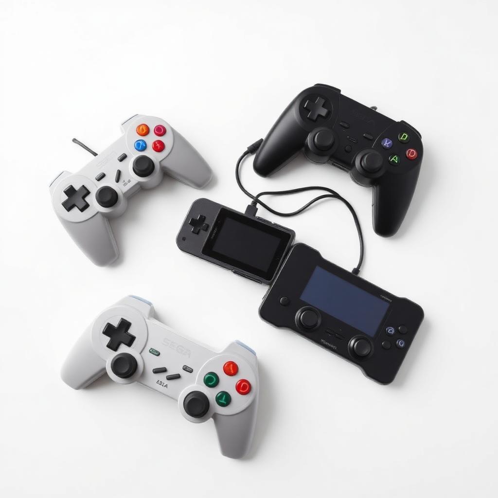 Retro and handheld gaming controllers isolated on white